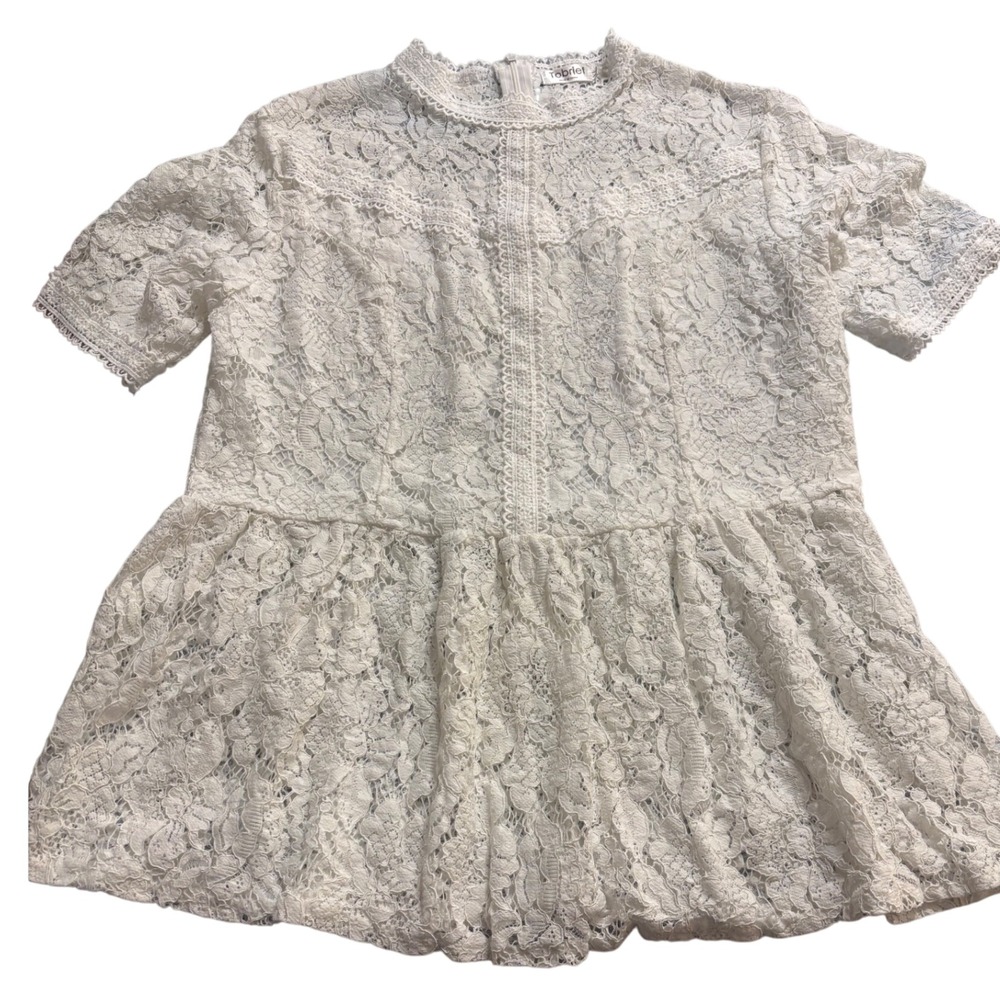 White‎ Lace Blouse Peplum Top Lined Party Cocktail Short Sleeve XL Chest 36"